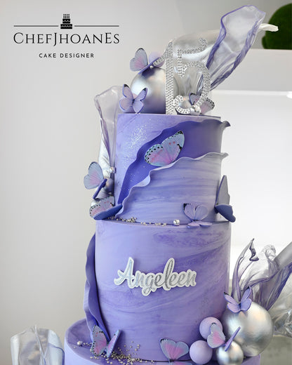 Purple marble and butterflies cake. Feed 80 people.